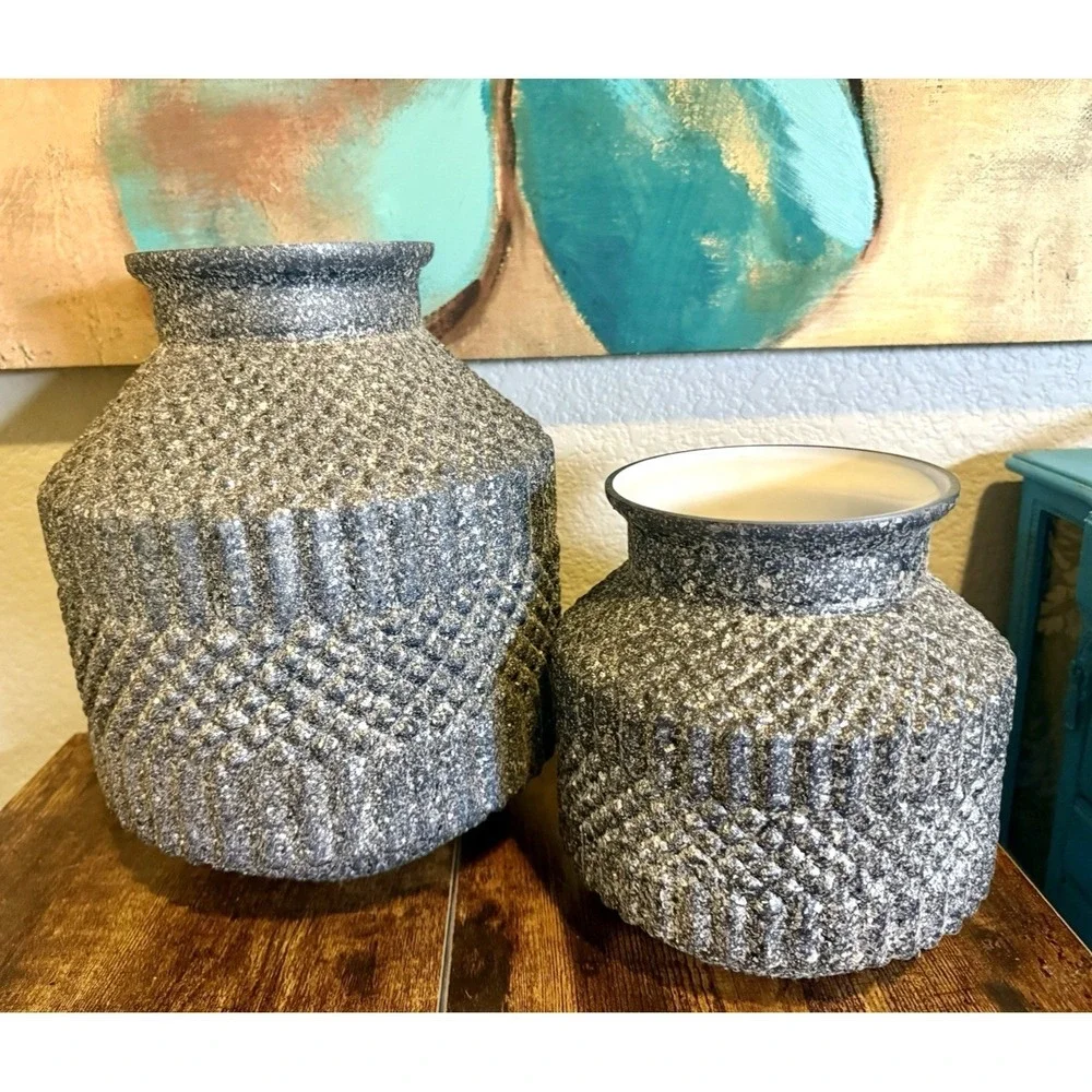 Surya Catalana Blue Glass Vase Set 2 Boho Textured Table Decor Handmade Art